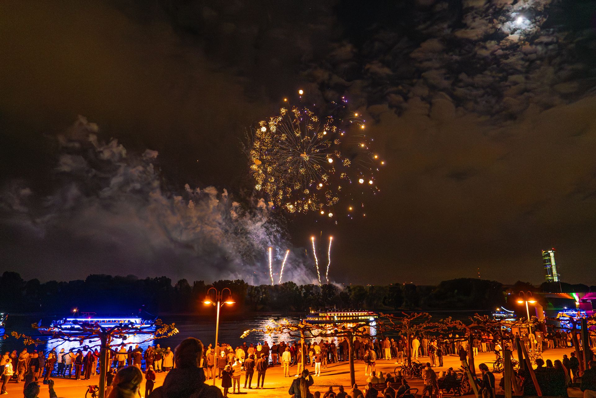 Menschenmenge beobachtet ein Feuerwerk am Nachthimmel über einem beleuchteten Park mit Bäumen und Gebäuden